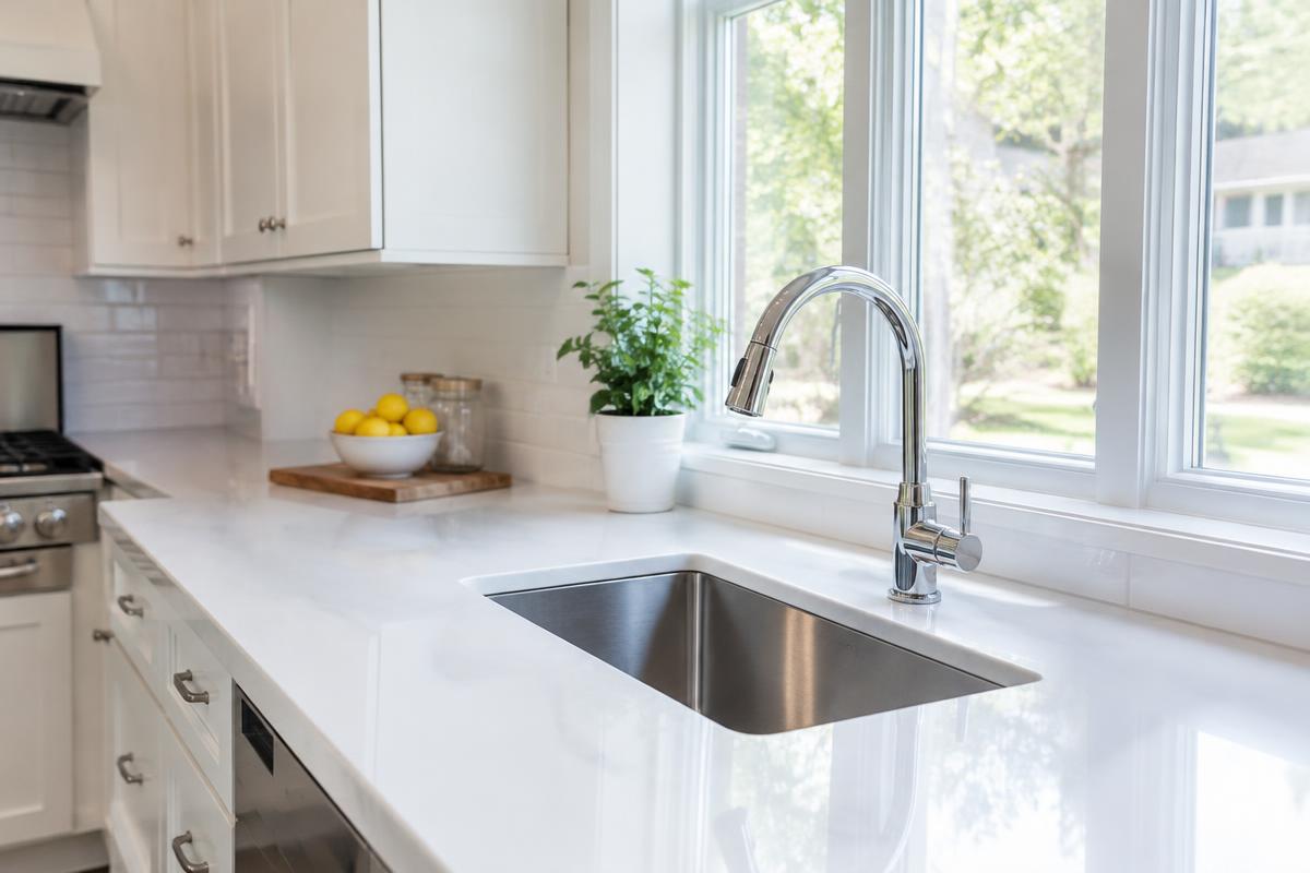 Spotless kitchen with shiny faucet and clean countertops