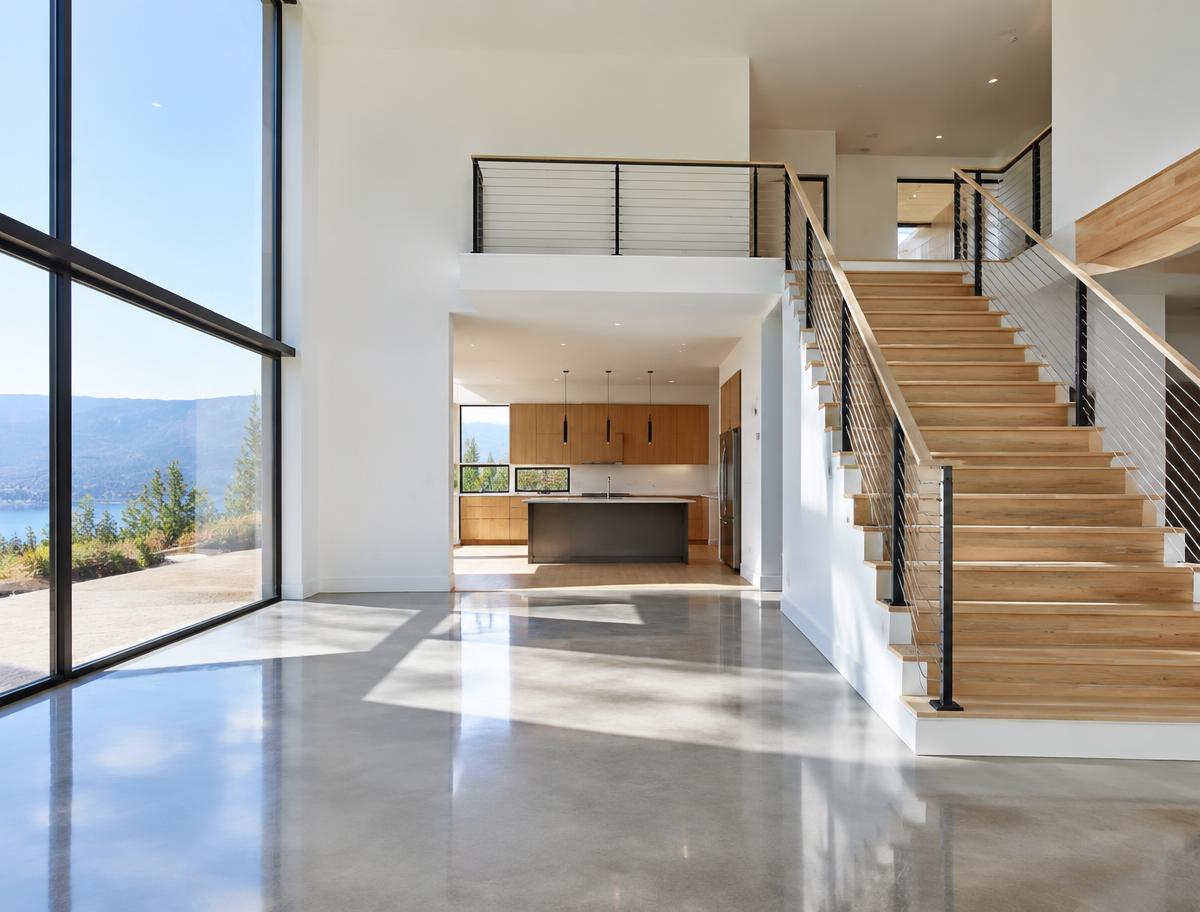 Newly built home interior with polished floors and a staircase, clean and ready for handover