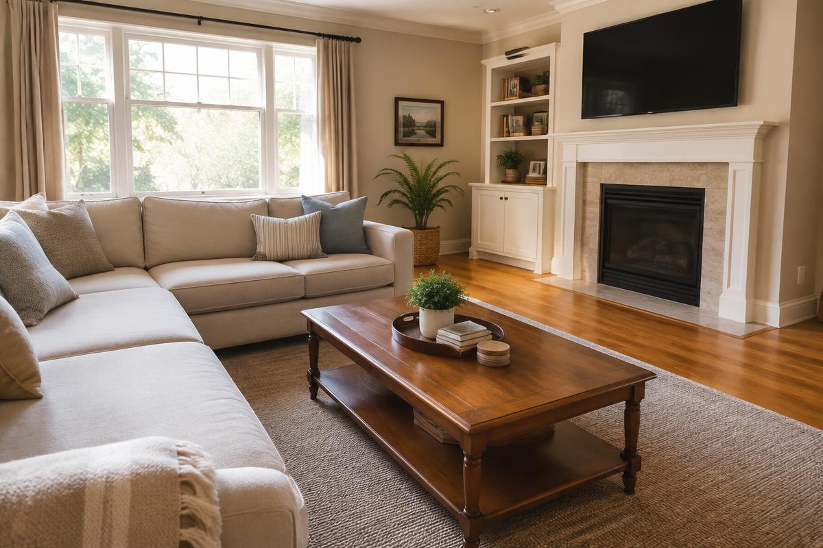 Clean, organized living room with natural light